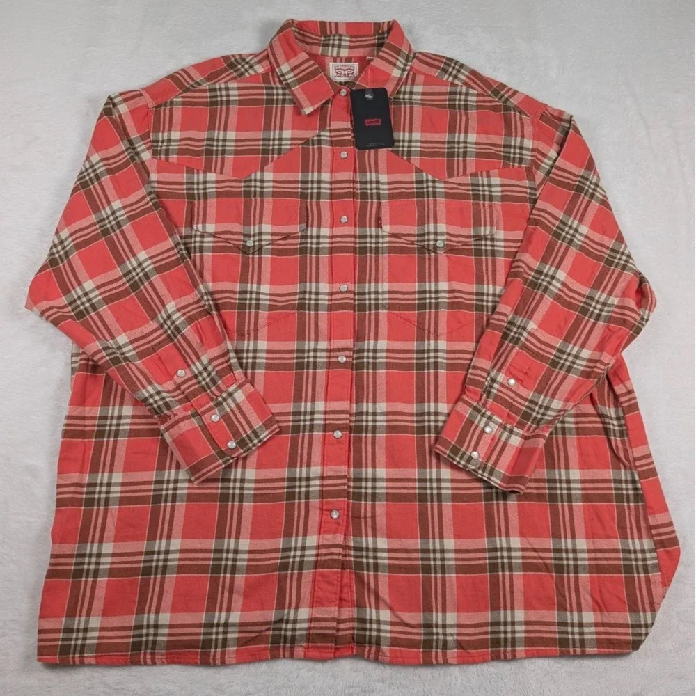 Levi's Flannel Pearl Snap Shirt Mens‎ XL Coral Brown Plaid Long Sleeve NWT